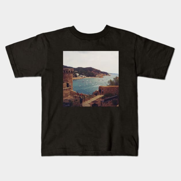 View of the charming Spanish streets Spain sightseeing trip photography from city scape Barcelona Blanes Malgrat del Mar Santa Susuana Kids T-Shirt by BoogieCreates